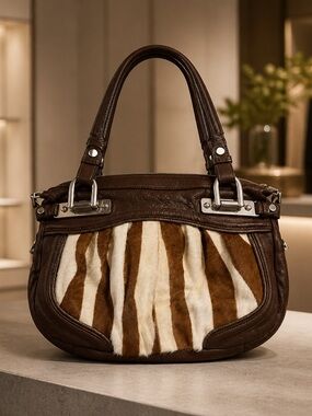 B MAKOWSKY Brown SOFT Leather & Zebra Fur CANTERBURY TOTE